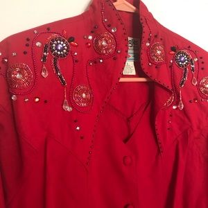 Vintage Women’s Wrangler Western Rodeo Shirt Beaded Christmas Red Bejeweled